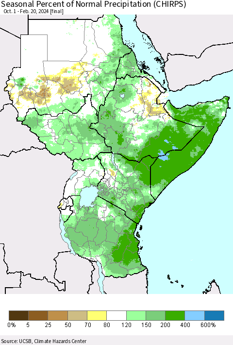 Eastern Africa Seasonal Percent of Normal Precipitation (CHIRPS) Thematic Map For 10/1/2023 - 2/20/2024