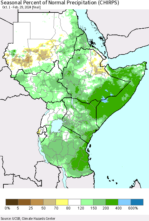 Eastern Africa Seasonal Percent of Normal Precipitation (CHIRPS) Thematic Map For 10/1/2023 - 2/29/2024