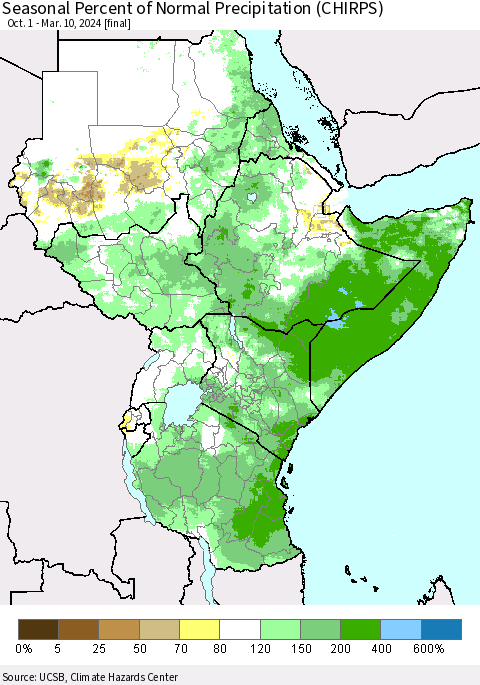 Eastern Africa Seasonal Percent of Normal Precipitation (CHIRPS) Thematic Map For 10/1/2023 - 3/10/2024