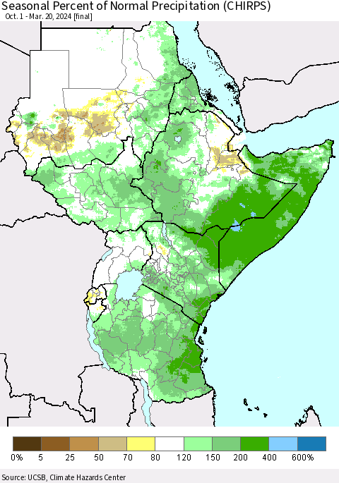 Eastern Africa Seasonal Percent of Normal Precipitation (CHIRPS) Thematic Map For 10/1/2023 - 3/20/2024