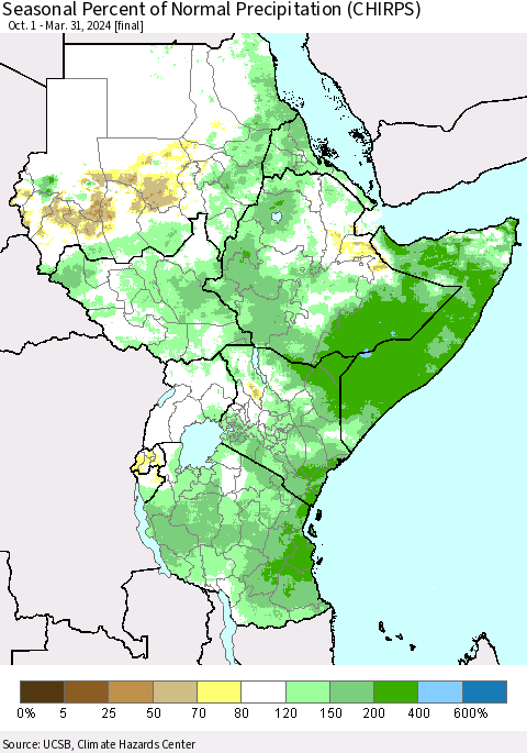 Eastern Africa Seasonal Percent of Normal Precipitation (CHIRPS) Thematic Map For 10/1/2023 - 3/31/2024