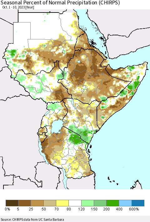 Eastern Africa Seasonal Percent of Normal Precipitation (CHIRPS) Thematic Map For 10/1/2023 - 10/10/2023