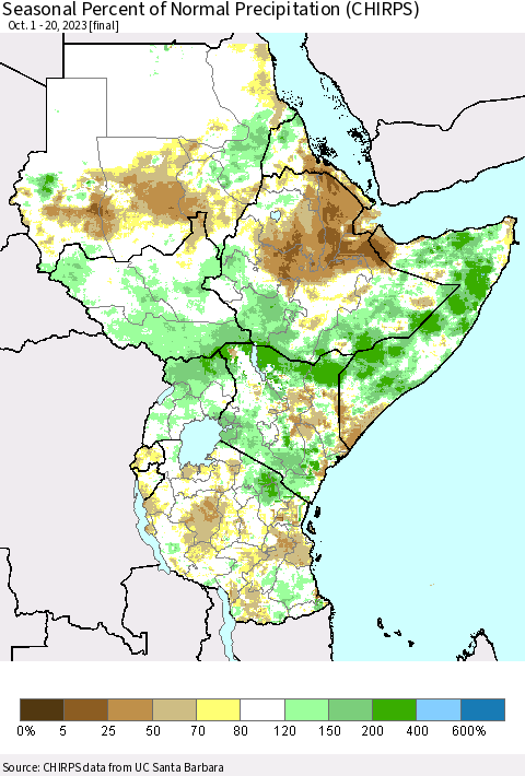 Eastern Africa Seasonal Percent of Normal Precipitation (CHIRPS) Thematic Map For 10/1/2023 - 10/20/2023