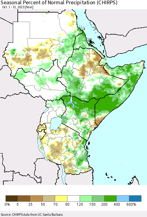 Eastern Africa Seasonal Percent of Normal Precipitation (CHIRPS) Thematic Map For 10/1/2023 - 10/31/2023