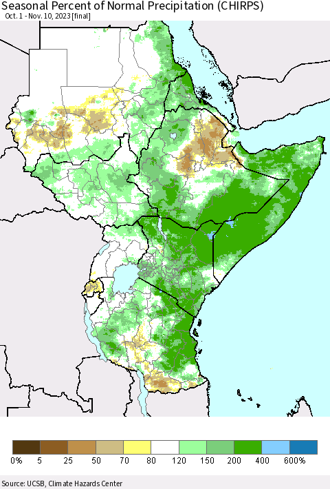 Eastern Africa Seasonal Percent of Normal Precipitation (CHIRPS) Thematic Map For 10/1/2023 - 11/10/2023