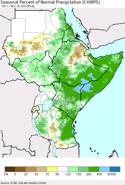 Eastern Africa Seasonal Percent of Normal Precipitation (CHIRPS) Thematic Map For 10/1/2023 - 11/20/2023