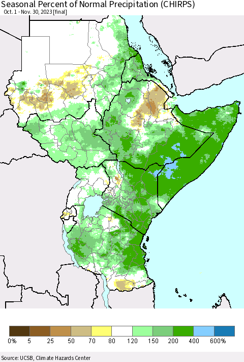 Eastern Africa Seasonal Percent of Normal Precipitation (CHIRPS) Thematic Map For 10/1/2023 - 11/30/2023