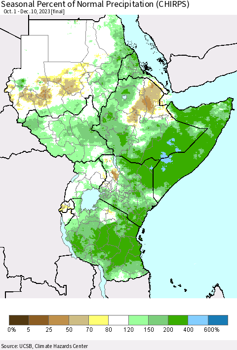 Eastern Africa Seasonal Percent of Normal Precipitation (CHIRPS) Thematic Map For 10/1/2023 - 12/10/2023