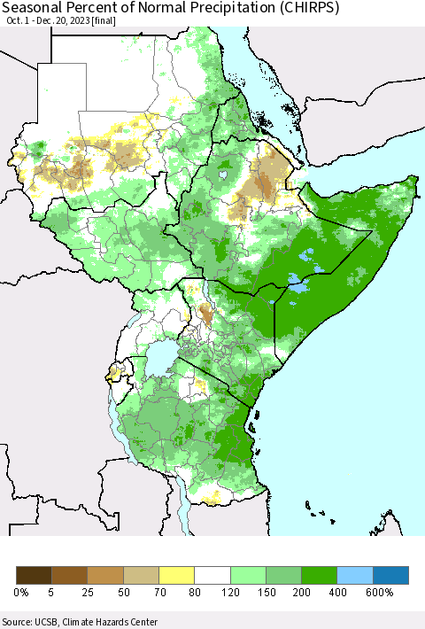 Eastern Africa Seasonal Percent of Normal Precipitation (CHIRPS) Thematic Map For 10/1/2023 - 12/20/2023