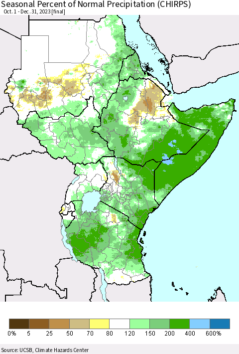 Eastern Africa Seasonal Percent of Normal Precipitation (CHIRPS) Thematic Map For 10/1/2023 - 12/31/2023