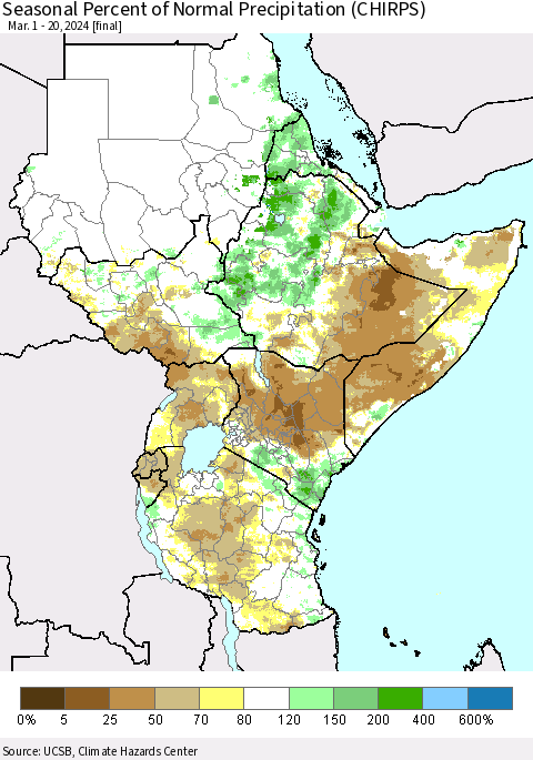 Eastern Africa Seasonal Percent of Normal Precipitation (CHIRPS) Thematic Map For 3/1/2024 - 3/20/2024