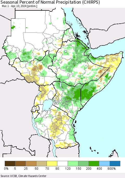 Eastern Africa Seasonal Percent of Normal Precipitation (CHIRPS) Thematic Map For 3/1/2024 - 4/10/2024
