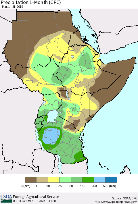 Eastern Africa Precipitation 1-Month (CPC) Thematic Map For 3/1/2019 - 3/31/2019