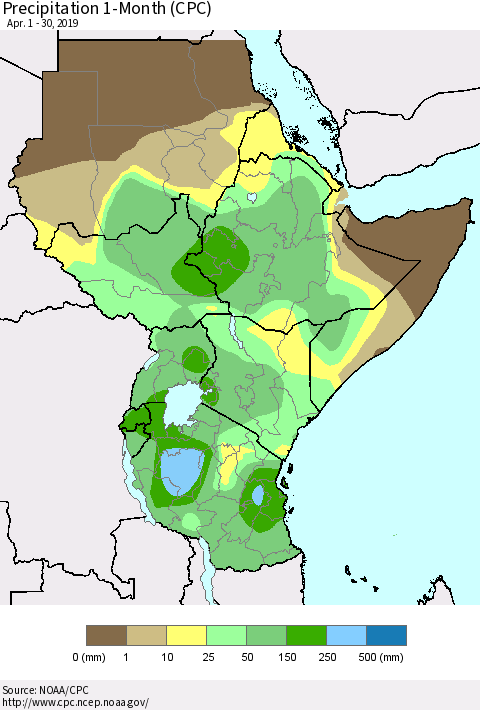 Eastern Africa Precipitation 1-Month (CPC) Thematic Map For 4/1/2019 - 4/30/2019