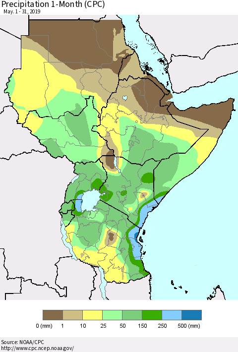 Eastern Africa Precipitation 1-Month (CPC) Thematic Map For 5/1/2019 - 5/31/2019