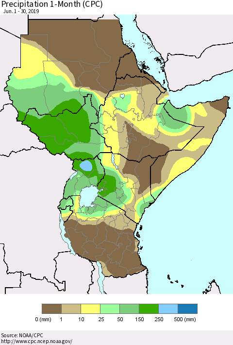 Eastern Africa Precipitation 1-Month (CPC) Thematic Map For 6/1/2019 - 6/30/2019