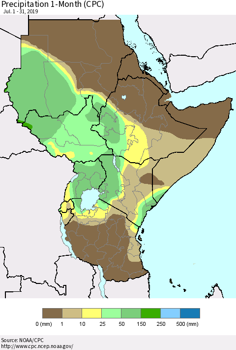 Eastern Africa Precipitation 1-Month (CPC) Thematic Map For 7/1/2019 - 7/31/2019