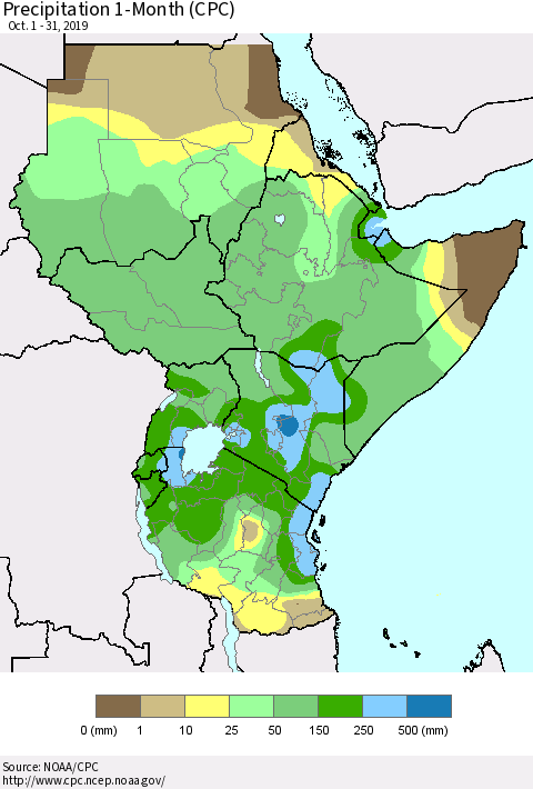 Eastern Africa Precipitation 1-Month (CPC) Thematic Map For 10/1/2019 - 10/31/2019