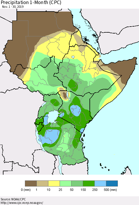 Eastern Africa Precipitation 1-Month (CPC) Thematic Map For 11/1/2019 - 11/30/2019