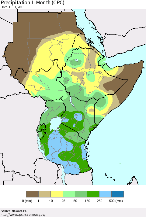 Eastern Africa Precipitation 1-Month (CPC) Thematic Map For 12/1/2019 - 12/31/2019