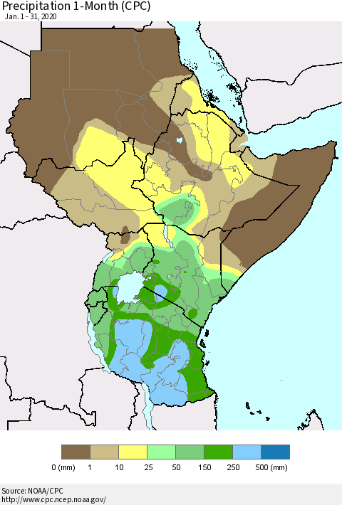 Eastern Africa Precipitation 1-Month (CPC) Thematic Map For 1/1/2020 - 1/31/2020