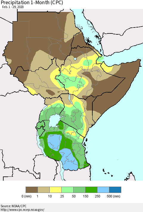 Eastern Africa Precipitation 1-Month (CPC) Thematic Map For 2/1/2020 - 2/29/2020
