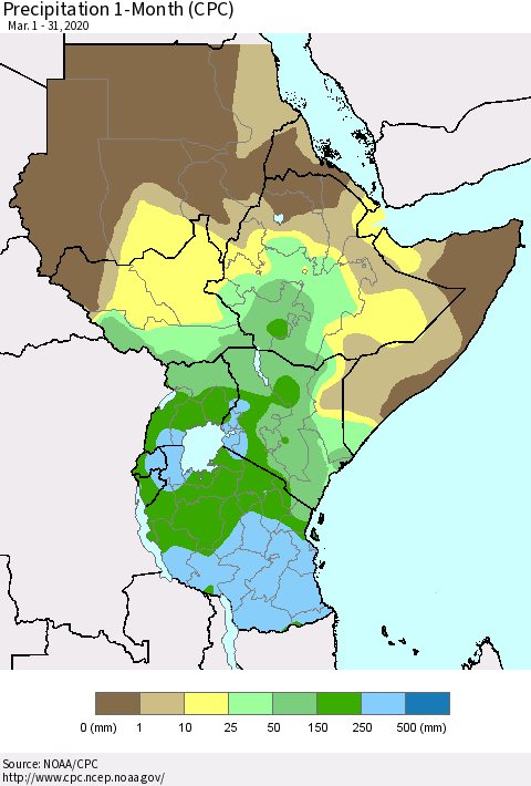 Eastern Africa Precipitation 1-Month (CPC) Thematic Map For 3/1/2020 - 3/31/2020