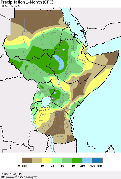 Eastern Africa Precipitation 1-Month (CPC) Thematic Map For 6/1/2020 - 6/30/2020