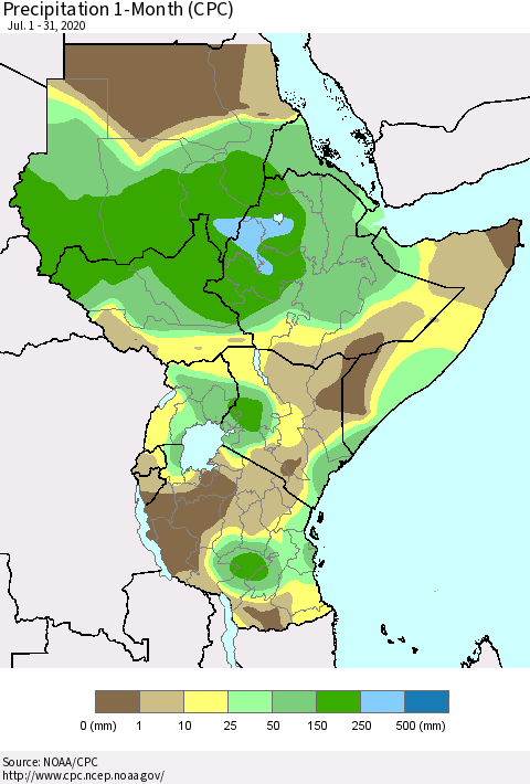 Eastern Africa Precipitation 1-Month (CPC) Thematic Map For 7/1/2020 - 7/31/2020