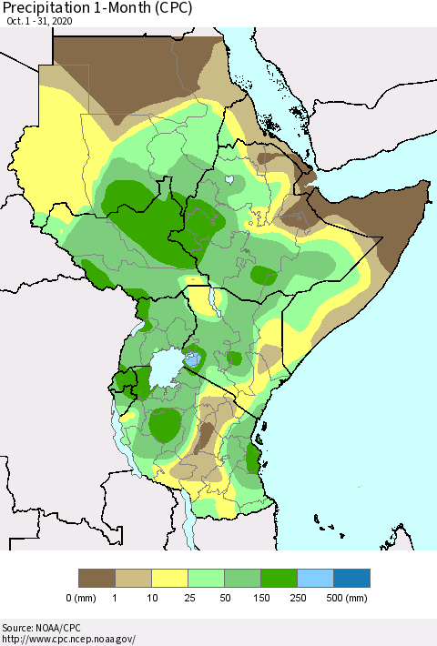 Eastern Africa Precipitation 1-Month (CPC) Thematic Map For 10/1/2020 - 10/31/2020