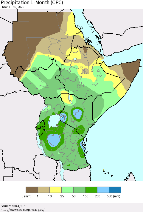 Eastern Africa Precipitation 1-Month (CPC) Thematic Map For 11/1/2020 - 11/30/2020