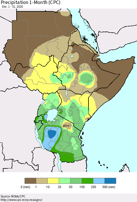 Eastern Africa Precipitation 1-Month (CPC) Thematic Map For 12/1/2020 - 12/31/2020