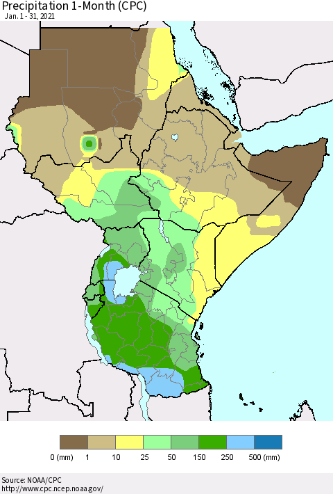 Eastern Africa Precipitation 1-Month (CPC) Thematic Map For 1/1/2021 - 1/31/2021