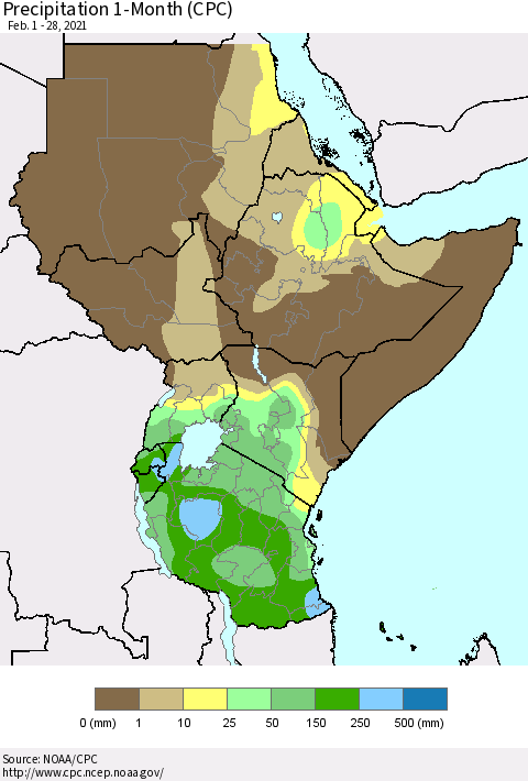 Eastern Africa Precipitation 1-Month (CPC) Thematic Map For 2/1/2021 - 2/28/2021