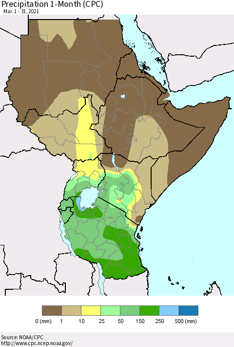 Eastern Africa Precipitation 1-Month (CPC) Thematic Map For 3/1/2021 - 3/31/2021