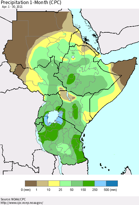 Eastern Africa Precipitation 1-Month (CPC) Thematic Map For 4/1/2021 - 4/30/2021