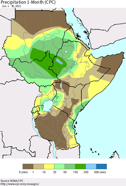 Eastern Africa Precipitation 1-Month (CPC) Thematic Map For 6/1/2021 - 6/30/2021