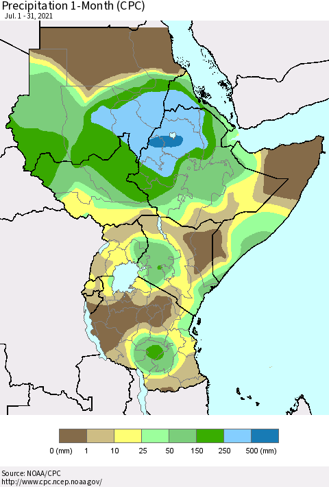 Eastern Africa Precipitation 1-Month (CPC) Thematic Map For 7/1/2021 - 7/31/2021