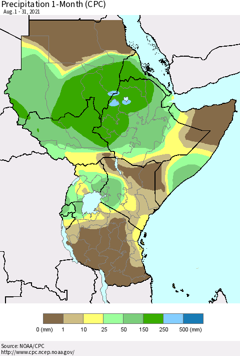 Eastern Africa Precipitation 1-Month (CPC) Thematic Map For 8/1/2021 - 8/31/2021
