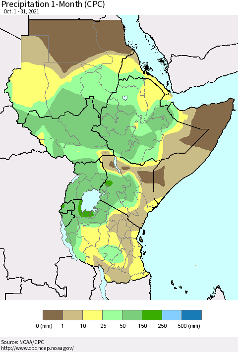 Eastern Africa Precipitation 1-Month (CPC) Thematic Map For 10/1/2021 - 10/31/2021