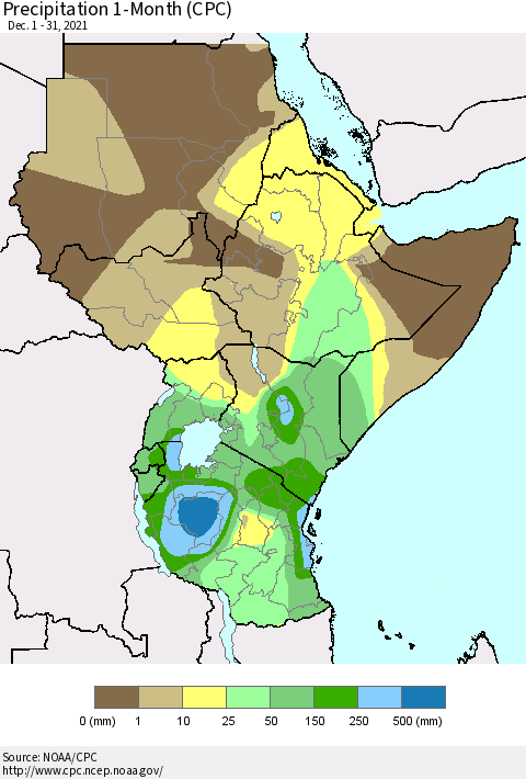 Eastern Africa Precipitation 1-Month (CPC) Thematic Map For 12/1/2021 - 12/31/2021