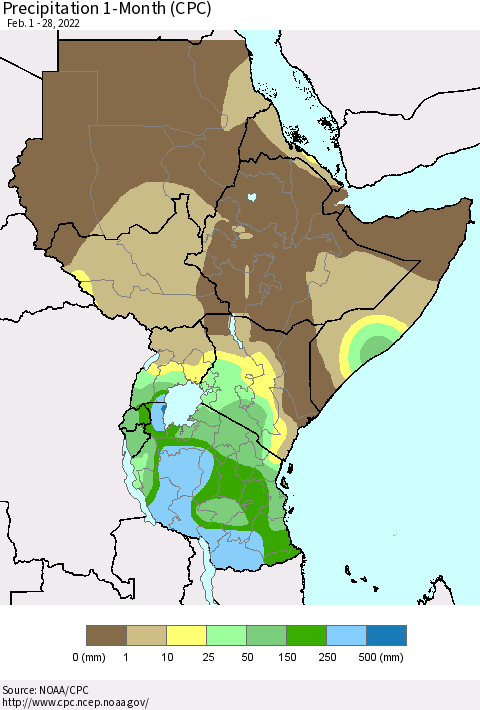 Eastern Africa Precipitation 1-Month (CPC) Thematic Map For 2/1/2022 - 2/28/2022