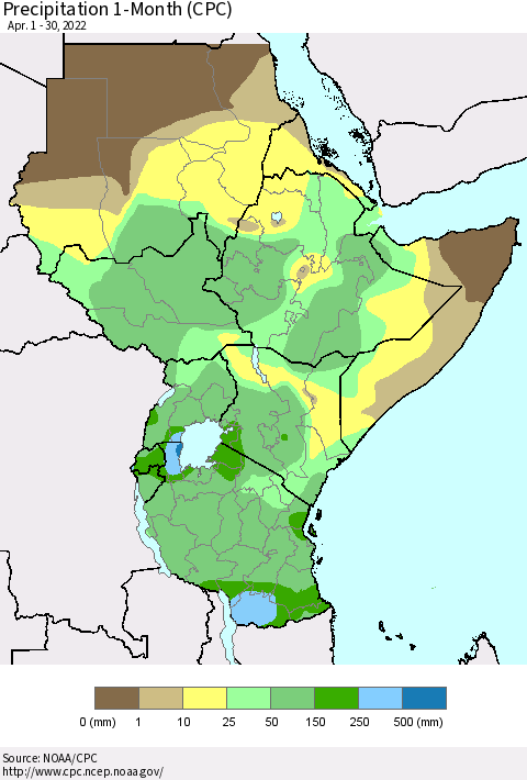 Eastern Africa Precipitation 1-Month (CPC) Thematic Map For 4/1/2022 - 4/30/2022