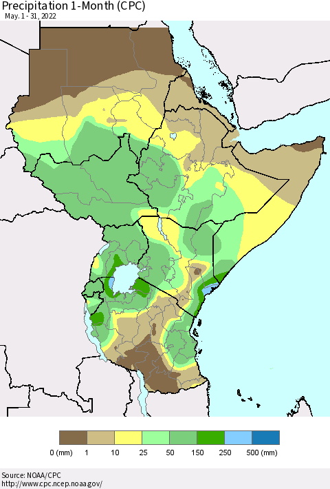 Eastern Africa Precipitation 1-Month (CPC) Thematic Map For 5/1/2022 - 5/31/2022