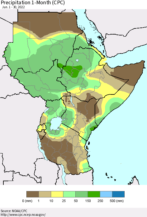 Eastern Africa Precipitation 1-Month (CPC) Thematic Map For 6/1/2022 - 6/30/2022