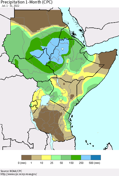 Eastern Africa Precipitation 1-Month (CPC) Thematic Map For 7/1/2022 - 7/31/2022