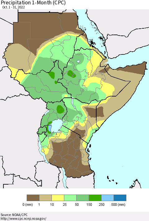 Eastern Africa Precipitation 1-Month (CPC) Thematic Map For 10/1/2022 - 10/31/2022