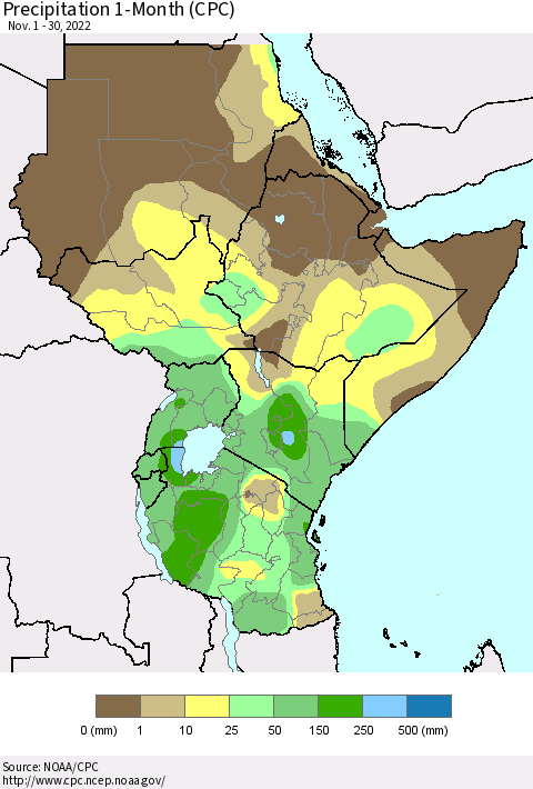 Eastern Africa Precipitation 1-Month (CPC) Thematic Map For 11/1/2022 - 11/30/2022