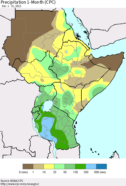 Eastern Africa Precipitation 1-Month (CPC) Thematic Map For 12/1/2022 - 12/31/2022