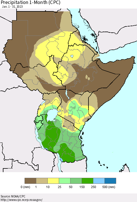 Eastern Africa Precipitation 1-Month (CPC) Thematic Map For 1/1/2023 - 1/31/2023